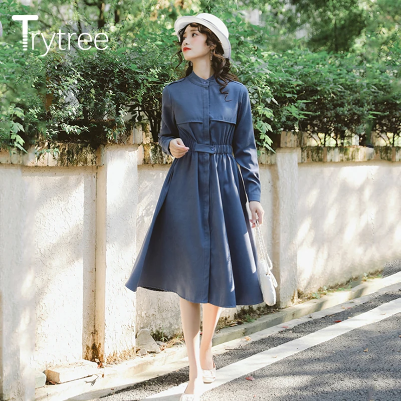 Trytree осенне-зимнее женское Повседневное платье с круглым вырезом в винтажном стиле, в стиле пэчворк, однотонное, 3 цвета, на пуговицах, модное, до середины икры, офисное платье для девушек