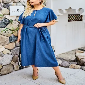 

New large size dress 5XL 6XL 7XL 8XL 9XL bust 146CM women's round neck lotus sleeve belt imitation denim solid color dress