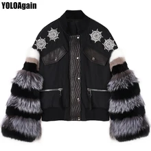 Yoloagne Женская genunie кожаная куртка дамы Бисероплетение лисий мех рукав натуральная кожаная куртка