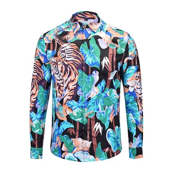 

2019 Casual Men Dress Shirt Long Sleeve European Version Court Digital Tiger Ink Printing Tide Streetwear Camiseta Masculina