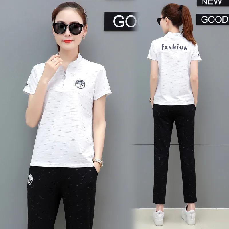 

Sports WOMEN'S Suit 2019 Summer New Style Korean-style Slimming Short Sleeve Stand Collar T-shirt Loose Casual Comfortable Two-P