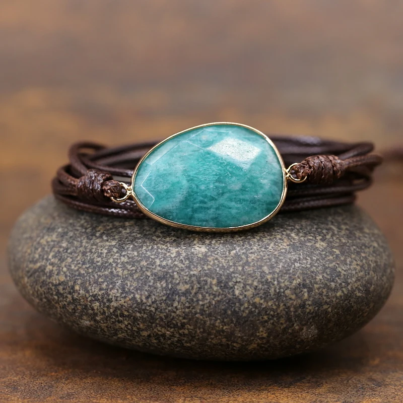 Seafoam Amazonite Ethnic Bracelet dark brown