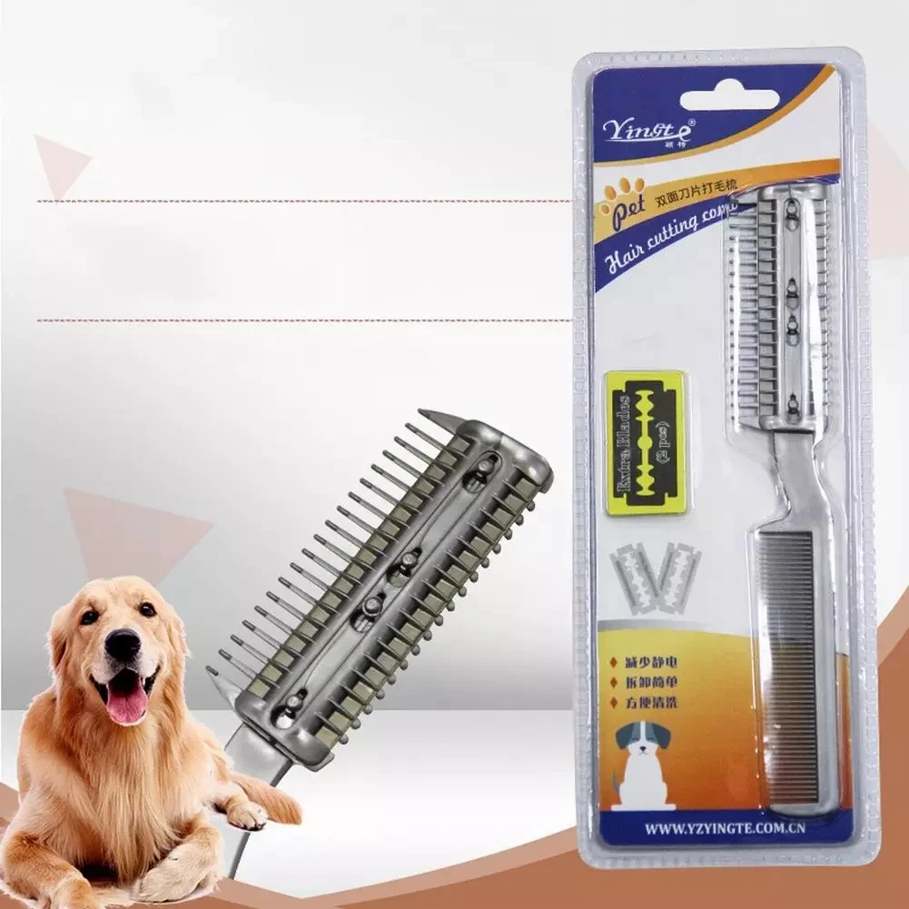 Cepillo para eliminar el pelo de mascotas, maquinilla de afeitar Manual y peine para cortar Limpieza del cabello de gatos y perros, con 2 cuchillas