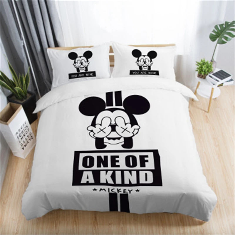 3pcs Black White Bedding Set Mickey Minnie Duvet Cover Home Textile Couple Wedding Quilt Set Adult King Size Bedding Set