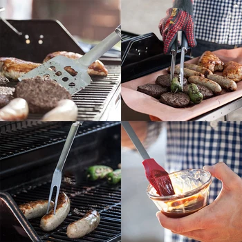 

4pcs Grill Sets BBQ Tools Stainless Steel Barbecue Grilling Utensils Grilling Fork Barbecue Spatula Tongs and Basting Brush