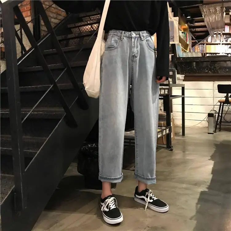 Женские джинсы прямые укороченные на пуговицах Свободные брюки с высокой талией