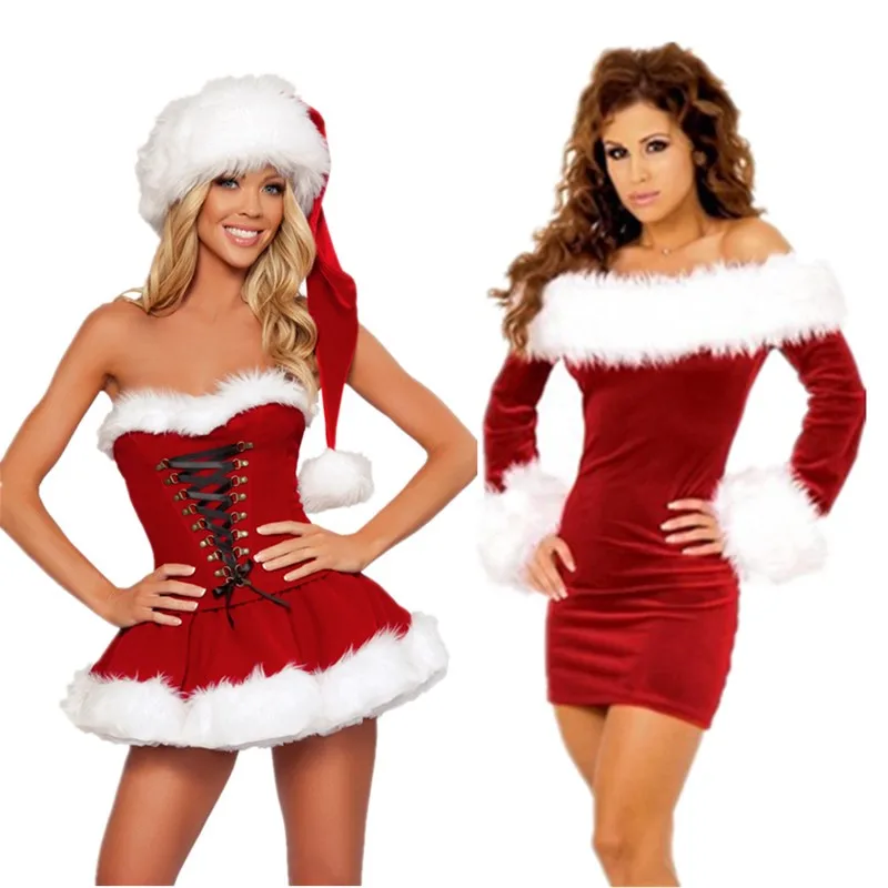 Сексуальный взрослый женский Рождественский красный бархатный костюм Санта Клауса без бретелек, маскарадный костюм на год, теплое нарядное плиссированное платье