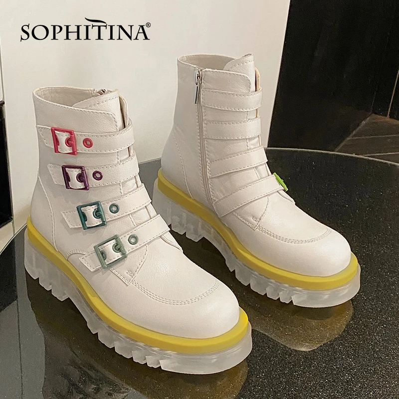 

SOPHITINA Women Boots New Fashion Leisure Genuine Leather Ankle Boots Multicolour Buckle Strap Zipper Platform Women Shoes MO661