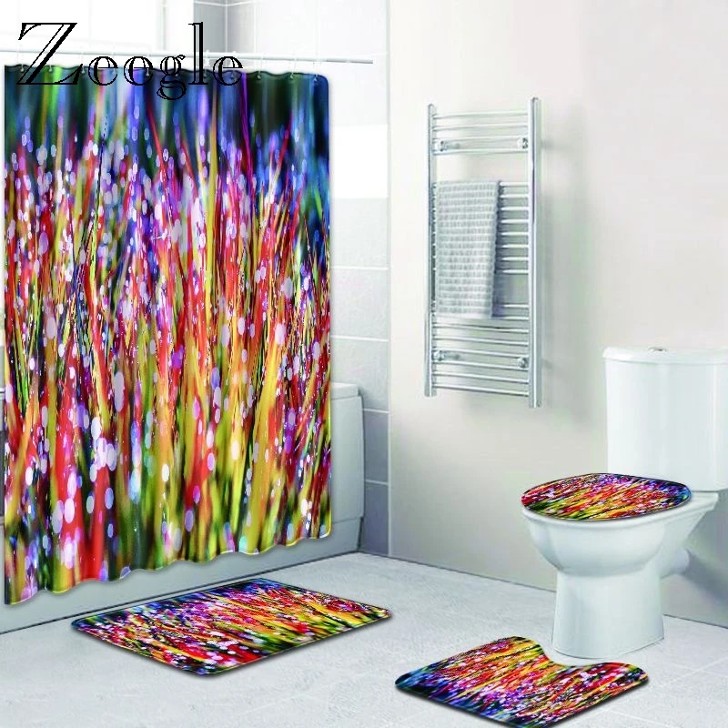 Zeegle Bath Mat Set and Shower Curtain Anti-slip Bathroom Foot Mat Absorbent Toilet Pedestal Rug Washable Flannel Toilet Set