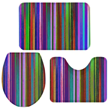 

Colorful Wood Board Mosaic Texture Bath Set Toilet Cover Mat Pedestal Rug Non-Slip Bathroom Rug Set