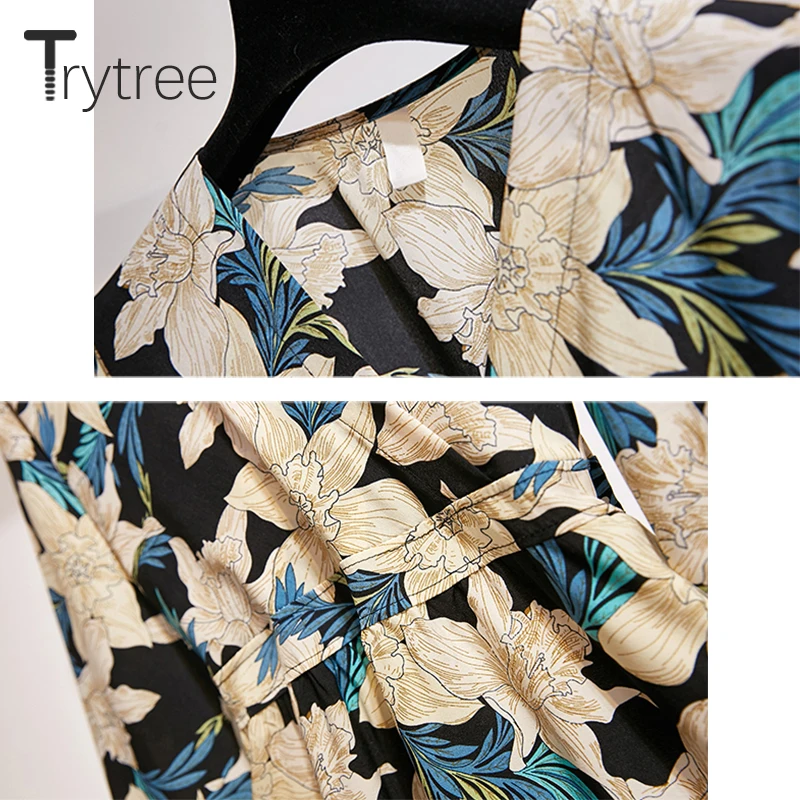 Trytree осеннее женское Повседневное платье с v-образным вырезом свободный рукав с принтом эластичная талия Свободные модные до середины икры А-силуэт офисное женское платье