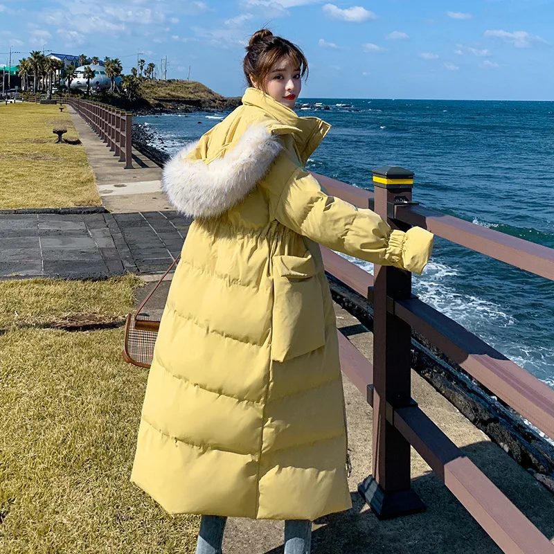 

Photo Shoot Yellow Cotton-padded Cloth Women's Long 2019 Winter New Style CHIC Korean-style Loose-Fit Large Fur Collar Waist Hug
