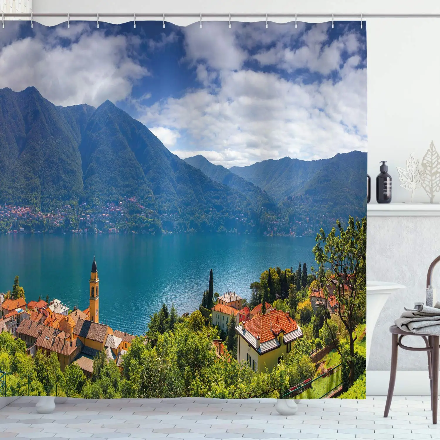 Modern Shower Curtain by Mountain Village on the Hills Como Lake Italian Town European Mediterranean Scenery Fabric Bathroom | Дом и сад