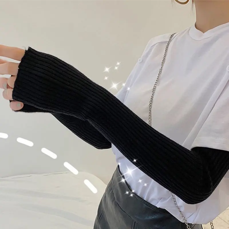 Women Winter Ribbed Knit Long Fingerless Gloves Over Elbow Arm Warmer Lady Female Casual Outdoor Sleeve Protector Case