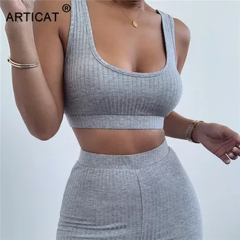 

Articat Knitted Two Pieces Women Set Casual Fitness Female Tank Top Bars And Leggings Pants Suit Solid Stretch Tracksuit