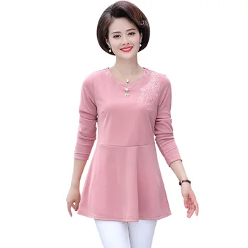 

V-Neck T-Shirts Women Long Sleeve Tops Solid Color Bottoming Shirt Spring Fall New Middle Age Mother Clothes 5XL 4XL Large Size