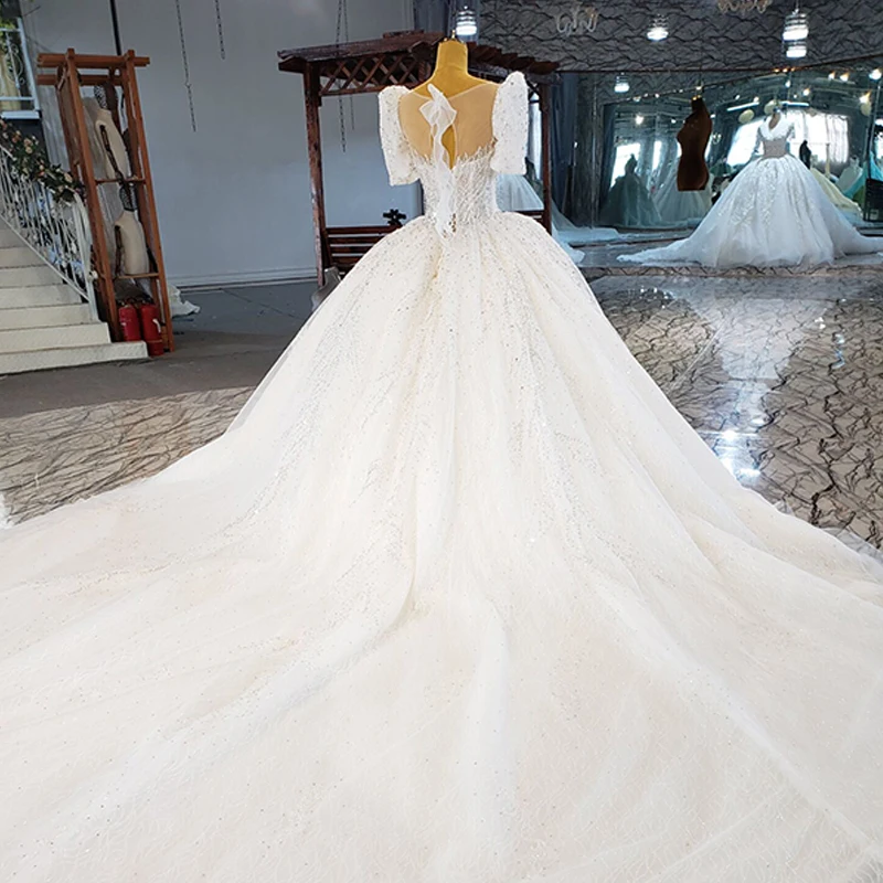 HTL2186 White Elegant White Bridal Wedding Dress High-end Luxury Diamond Short Sleeve Transparent Lace Gown свадебное платье 2
