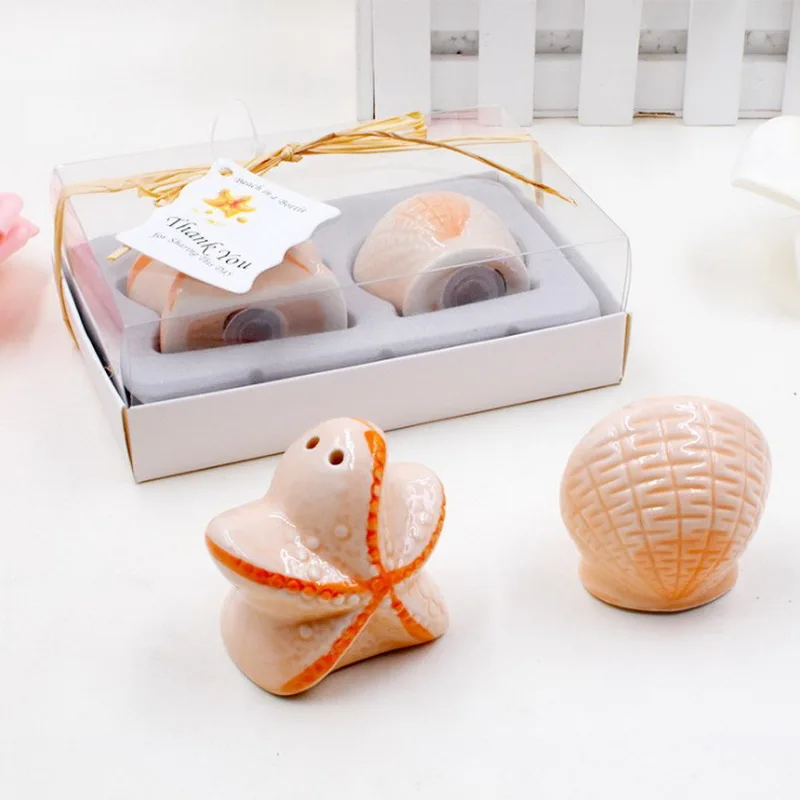 8 компл./лот)+ керамическая Seashell& Starfish Солонка и перец шейкеры пляжная тематика Свадебная вечеринка возврат подарок для гостя