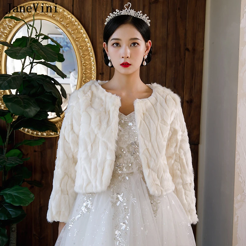 JaneVini 2021 Women Faux Fur Stole with Sleeves High Quality Fur Bolero Coat Bridal Shawl Wrap Cloak Winter Wedding Cape Jacket