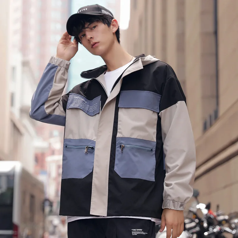 

Casual Pockets Loose Printed Windbreaker Outerwear 2019 Autumn New Color Patchwork Spliced Street Stylish Men's Hooded Jackets