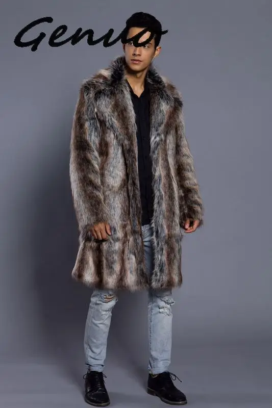 

2019 New Winter Men's Turn-down Collar Faux Mink Fur Coat Printed Striped Long Windbreaker Loose Casual Male Fox Leather Jacket