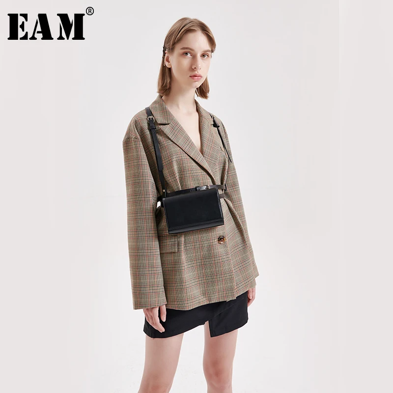 

[EAM] Women Plaid Bandage Split Cool Blazer New Lapel Long Sleeve Loose Fit Jacket Fashion Tide Spring Autumn 2019 1B501