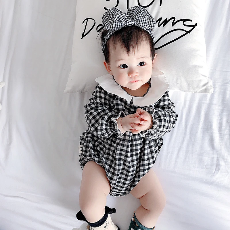 plaid sunsuit baby girls clothes outfits playsuit bow headband kids infant baby rompers cotton summer jumpsuit toddler garment