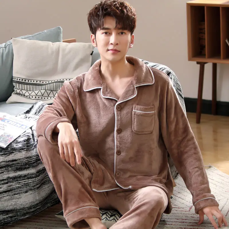 Winter Thick Warm Flannel Pajamas Set For Men Sleepwear Pyjamas Suit Home Clothing coral fleece warm pyjamas Winter Thick Warm Flannel Pajamas Set For Men Sleepwear Pyjamas Suit Home Clothing coral fleece warm pyjamas