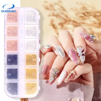 

12 Grid Nail Art Decorations 1.0-1.5mm Mini Caviar Metal Stainless Steel Beads 3D Micro Ball Nail Art Charms Stud Manicure Tool