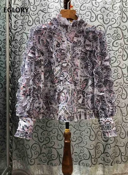 

High Quality Designer Blouse Shirt 2020 Spring Cotton Blouses Women Allover Ruffle Flowers Long Sleeve Vintage Tops Purple