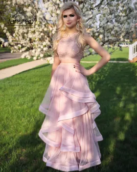 

Pink Two Pieces Prom Dresses Illusion Ruffles Tulle Prom Gown Plus Size Long Party Gown Evening Dress vestido fiesta