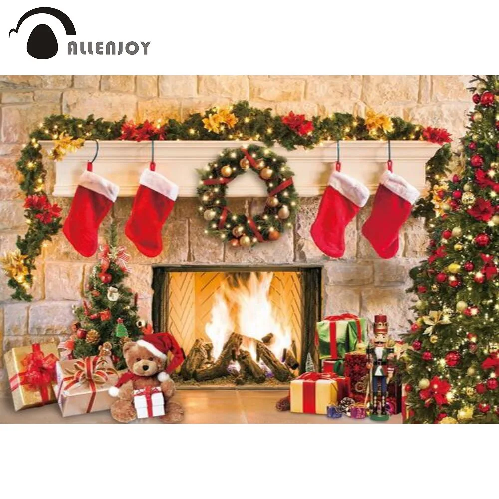 

Allenjoy Christmas Photoshoot Fireplace Stocks Bear Gifts Brick Wall Xmas Photo Studio Backdrop Background Photozone Photocall