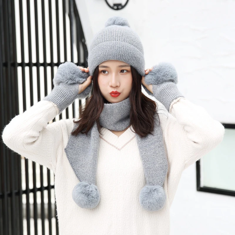 Женская зимняя вязаная шапочка-шарф и наборы перчаток хлопок Модная уличная теплая однотонная шапка перчатки и шарф набор с помпоном шапка - Цвет: B