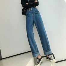 Женские джинсы размера плюс, женские брюки с высокой талией, прямые карманы, манжеты, Стильные повседневные женские Джинсы бойфренда