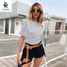 

GSODET Women's Fashion Short-Sleeved T-Shirt Trendy Striped Mid-Length Blouse Plus Size Ins Korean Unique Design Tops clothes