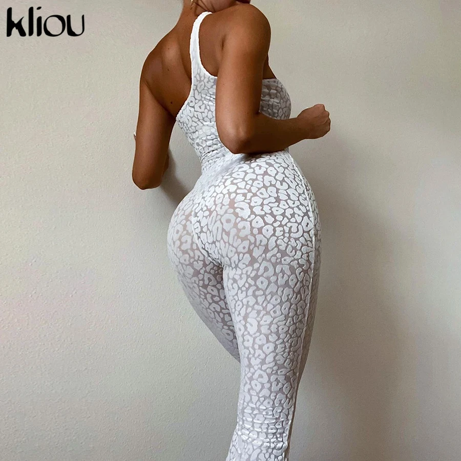 Kliou Flocking Mesh Jumpsuit Women One Shoulder Leopard Style Patchwork One Piece Clothing Sexy Midnight Clubwear Female Overall 5