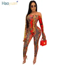 HAOYUAN, сексуальный Облегающий комбинезон со змеиным принтом, женский комбинезон, комплект из двух предметов, боди, топ и штаны, Клубные наряды с длинным рукавом