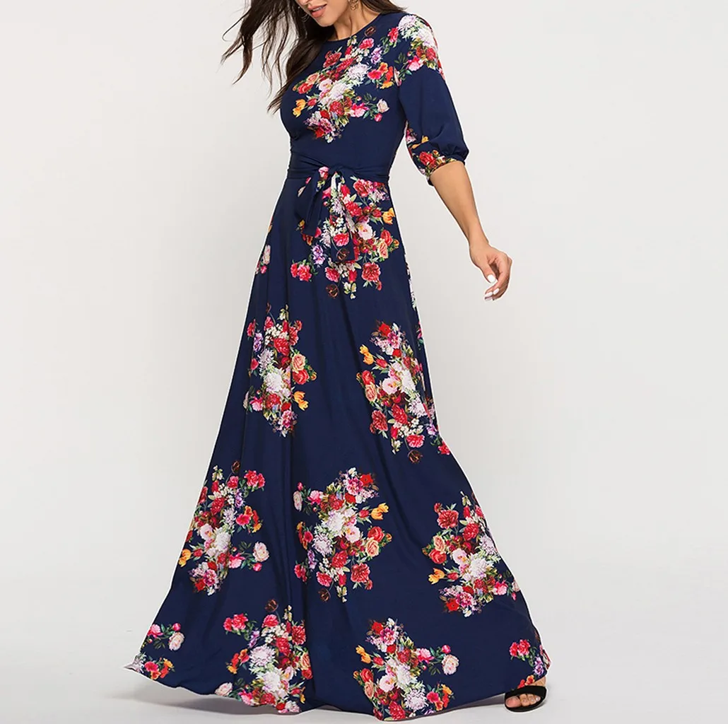 Vestidos ropa mujer, зимнее платье, женское повседневное богемное рождественское платье с принтом, с круглым вырезом, с рукавом 3/4, вечерние платья, robe femme