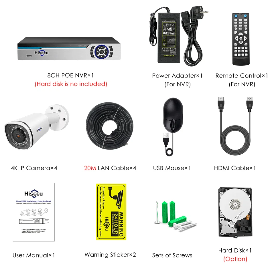 8CH NVR 4 4K Camera Hiseeu 8CH 4K POE NVR комплект H.265 CCTV система безопасности 8MP наружная Водонепроницаемая POE ip-камера аудио запись комплект видеонаблюдения - Цвет: 8CH NVR 4 4K Camera