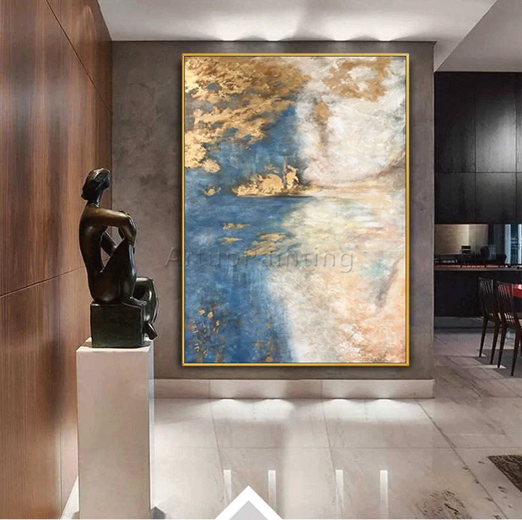 Modern abstract grey gold blue canvas handmade oil painting acrylic