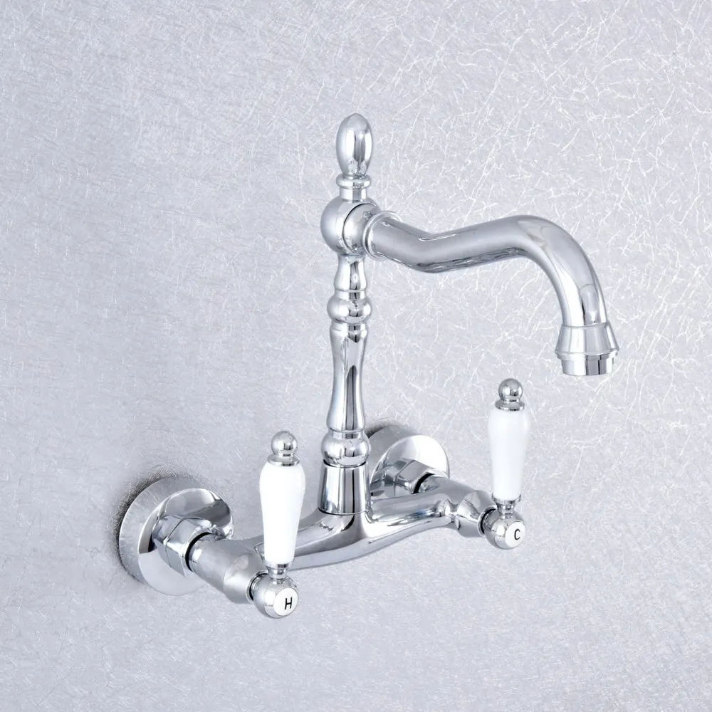 

Polished Chrome Brass Wall Mounted Bathroom Kitchen Sink Faucet Swivel Spout Mixer Tap Dual Ceramic Handles Levers msf776