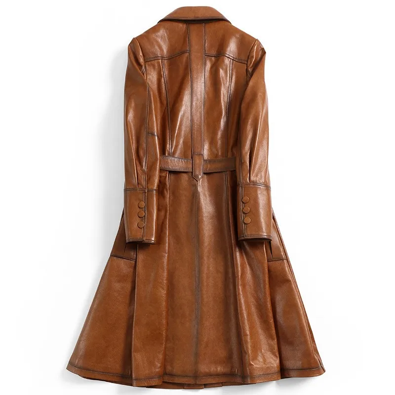 high quality Women Designer Genuine Leather Sheepskin Long Coats Fashion Sashes Belt Quality Real Leather Trench Windbreak