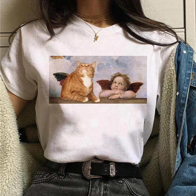 Футболка с изображением кошки Ван Гога, женская футболка с художественным принтом, масляная Эстетическая Милая забавная футболка, 90 s, Повседневная футболка с мультипликационным принтом ulzzang, женская одежда - Цвет: 563