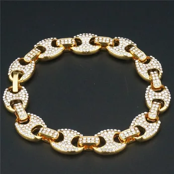 

Iced out hip hop 12MM wide golden zircon crystal bracelet hip hop Cuban chain bracelet jewelry