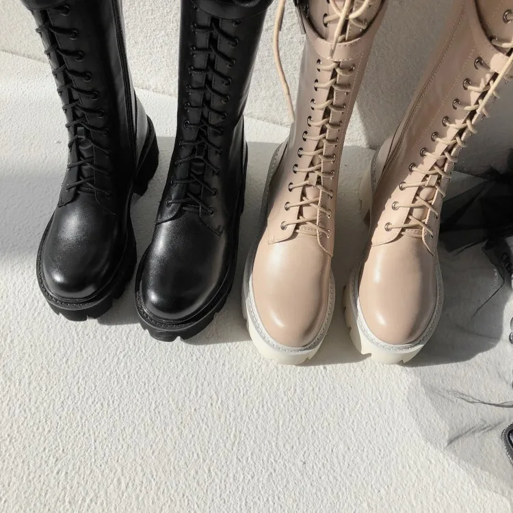 Женские сапоги до колена из натуральной кожи; Повседневная обувь в стиле панк; женские высокие сапоги на платформе и толстом высоком каблуке; размер 41, 42