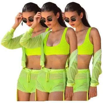

Newest Summer Sexy drawstring tulle see-through Sun Prevent bask Suit Outfits Two Piece Shorts Set Women Clothing sweatsuit
