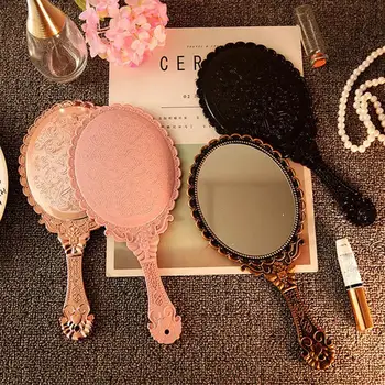 

Vintage Mirror Handhold Makeup Mirror Pink Repousse Floral Oval Round Cosmetic Hand Held Mirror With Handle For Ladies Mirrors