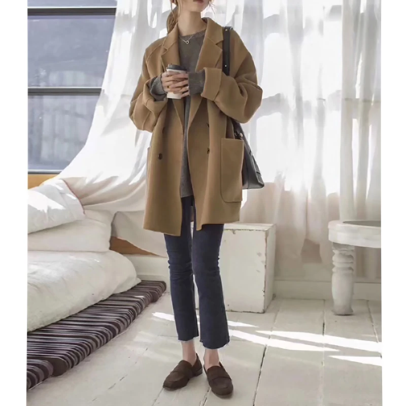 Woolen Coat Women Autumn Winter Length Wool jacket Medium Thick warm Double Breasted Preppy Style Korean Outerwear Female
