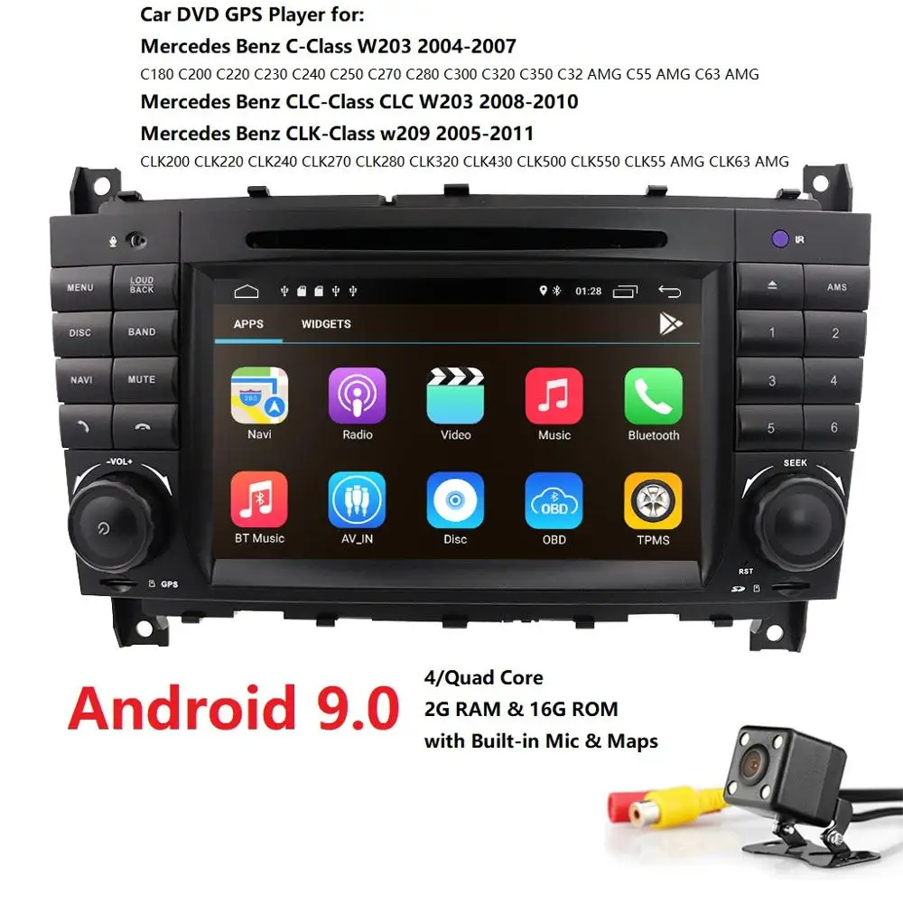 2GRAM BT Android9.0 автомобильный стерео dvd-радио GPS для Mercedes Benz C Class W203 DVR DVB-T2 рулевое колесо bluetooth камера заднего вида