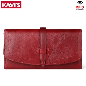 

KAVIS 100% Genuine Leather Fashion Women's Wallet Female Clutch Long Wallet Womens Purses Portomonee Money Bag Coin Purse Red
